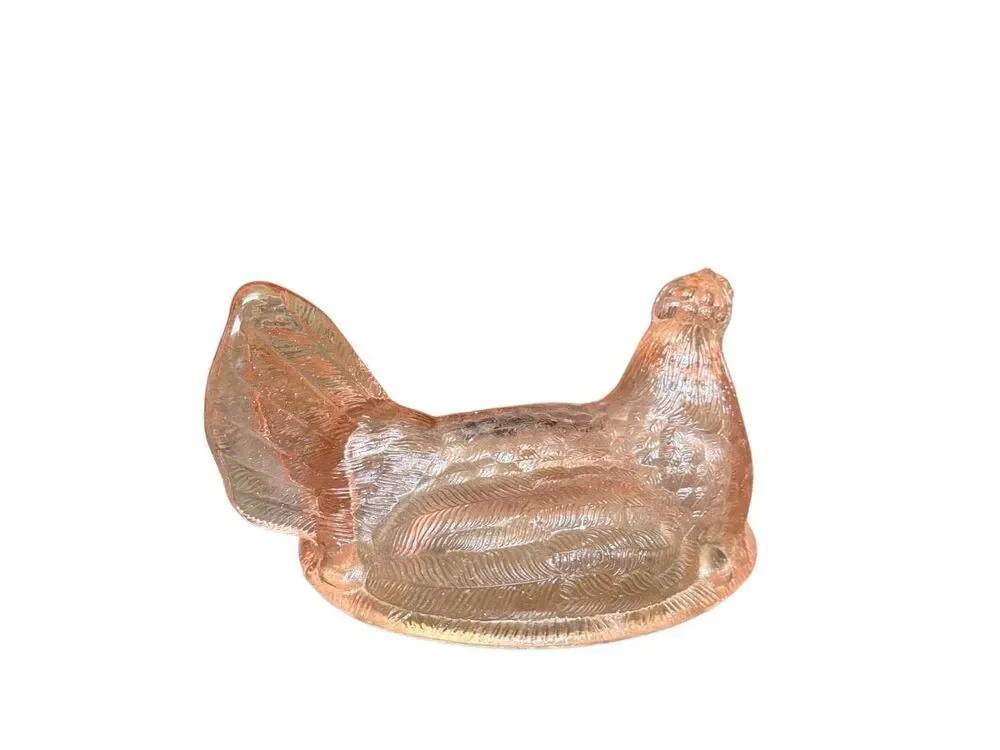 Pink Glass Hen on Nest Covered Dish Chicken Candy Trinket Box 5.5” Vintage Style